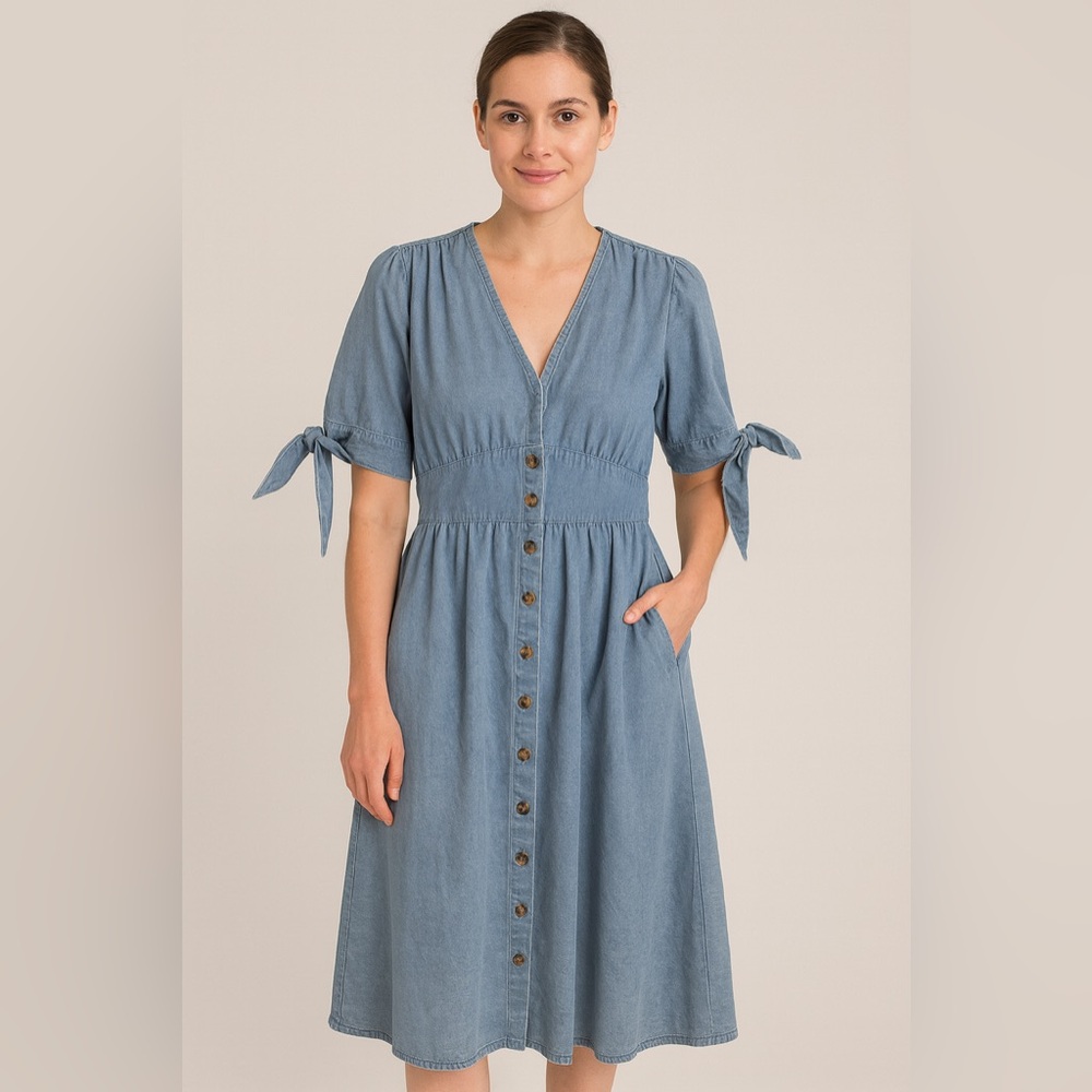 UTCoco Blue Denim Midi Dress XS NWT Button Front Tie Sleeve Cottagecore Country
